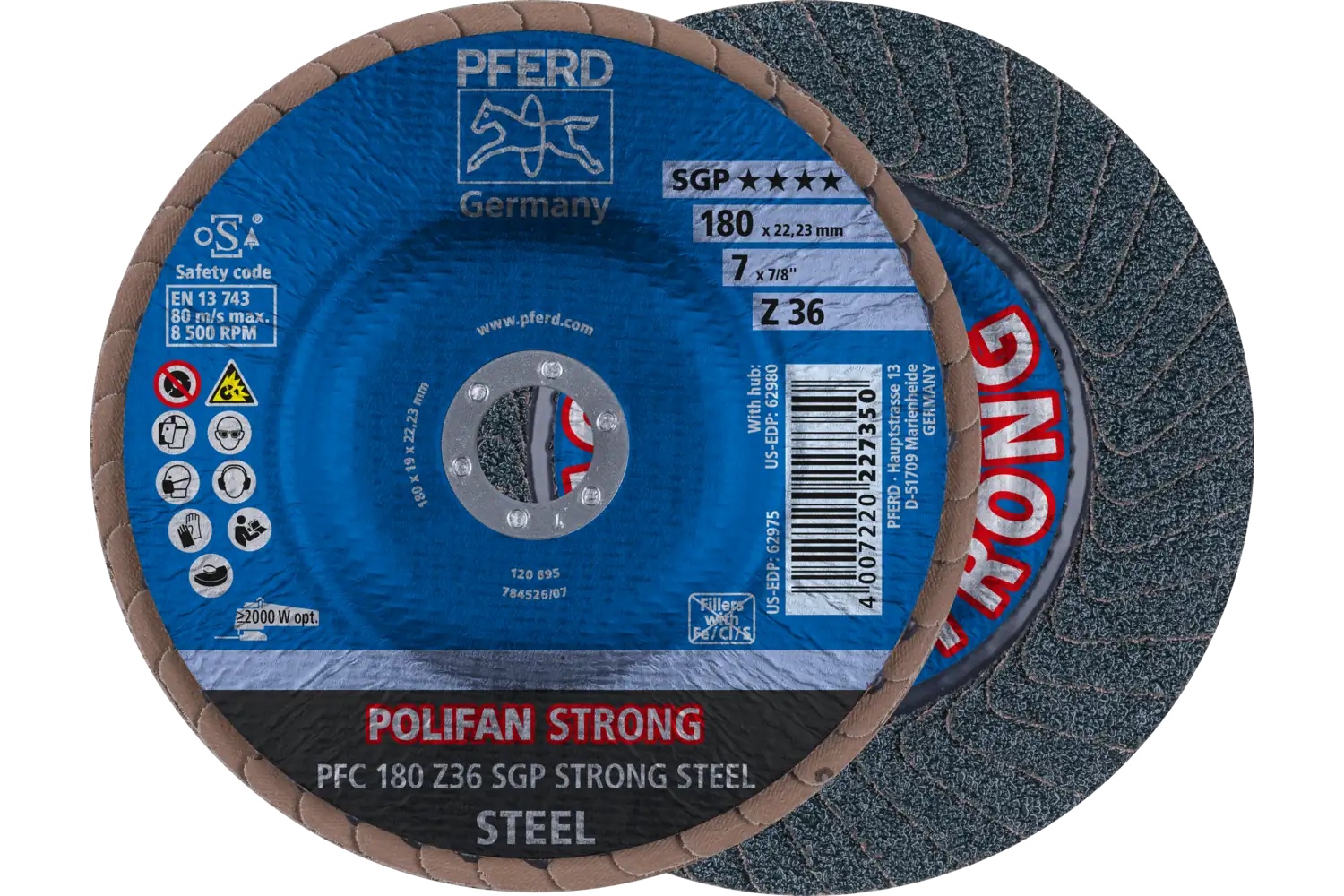 Picture of Pferd Flap Disc, 7" x 7/8, Z SGP Strong Steel, 36 Grit, T29, Conical, Zirconia